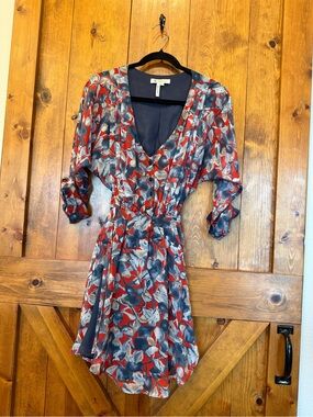 BCBGeneration Red and Blue Floral Midi Wrap Dress